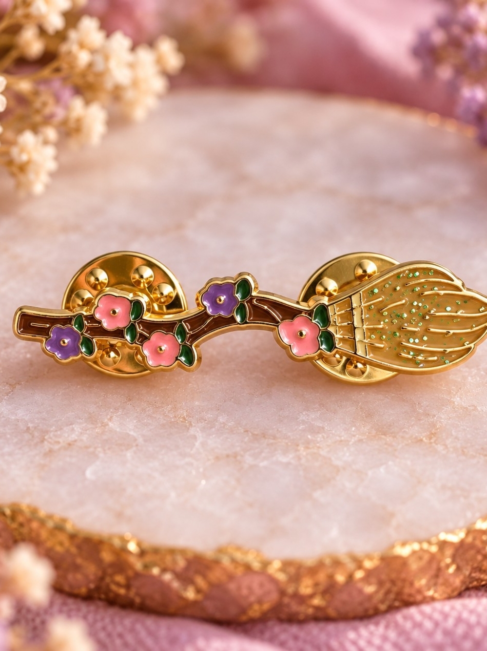 Brand New Gold-Tone Enamel Witch’s Broom Floral Glitter Pin New
